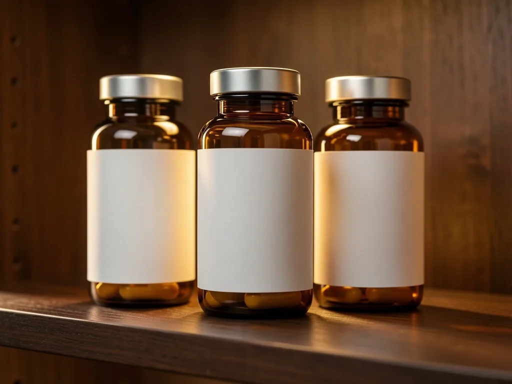 Amber glass supplement bottles on a dark shelf