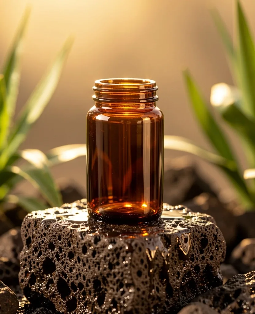 Amber glass supplement bottle on dark stone