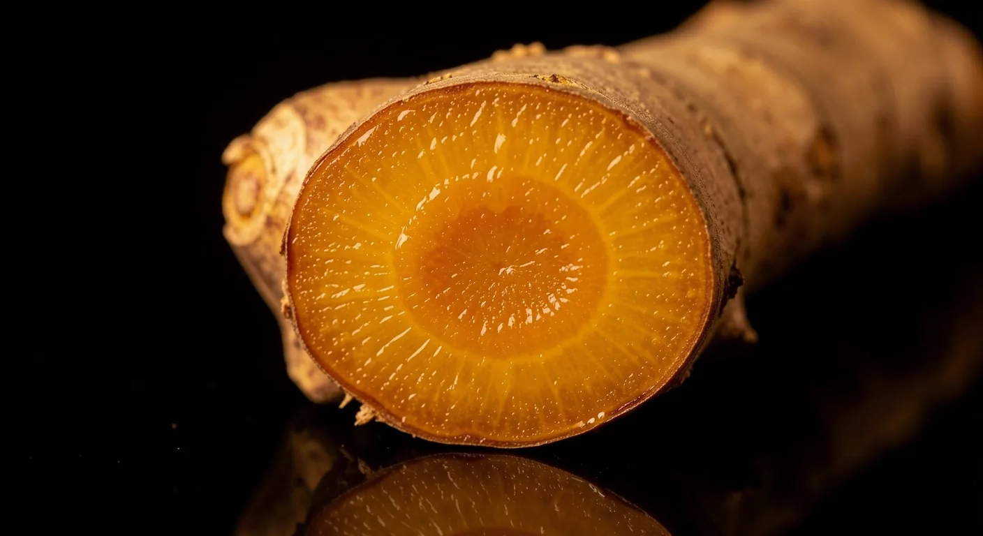 Fresh turmeric root cross-section in warm macro lighting