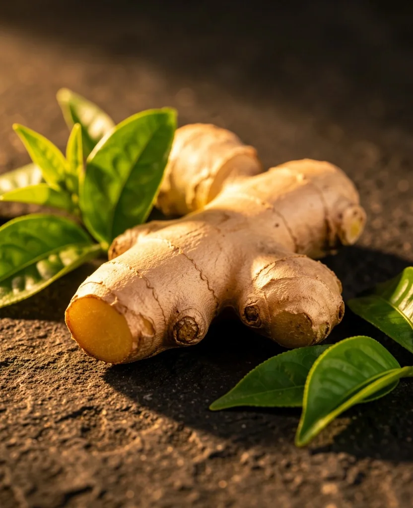 Indonesian ginger root and green tea leaves on a dark stone surface