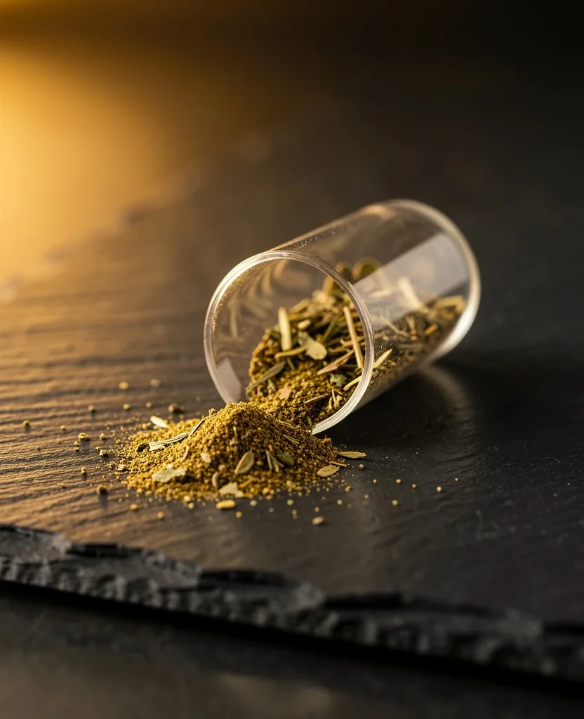 Open botanical capsule with powder on a dark stone surface