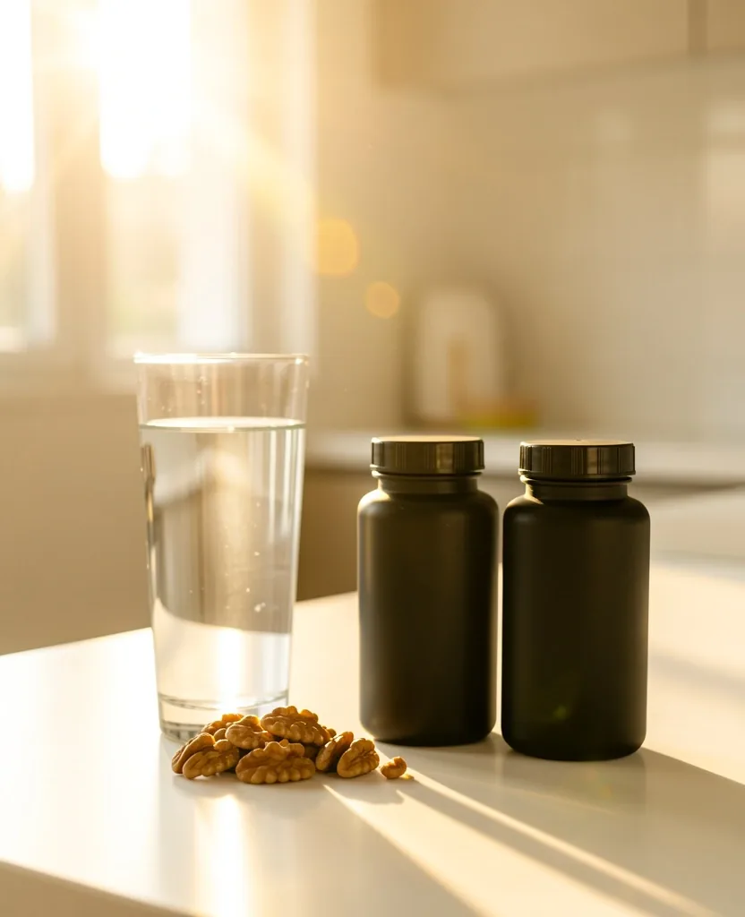 Supplement bottles with water and nuts on a dark kitchen counter