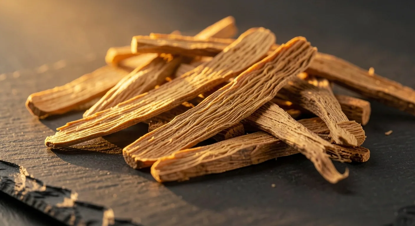Dried Tongkat Ali root specimens arranged on a dark surface