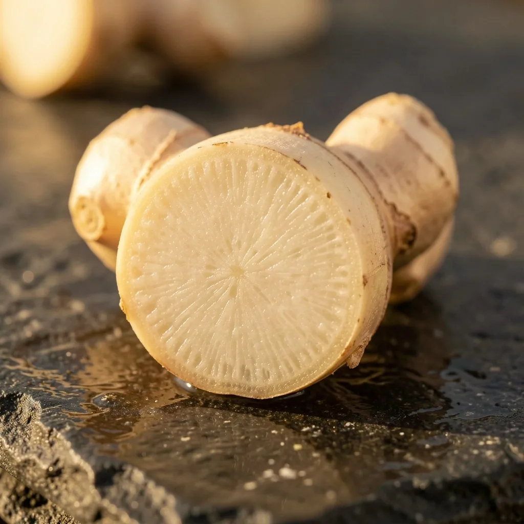 Fresh ginger root on a dark wet stone surface